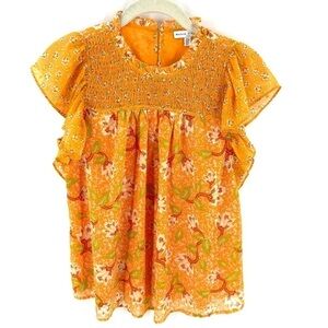 Maison D’Amelie Size Small Orange Floral Cap Sleeve Smocked Blouse Top